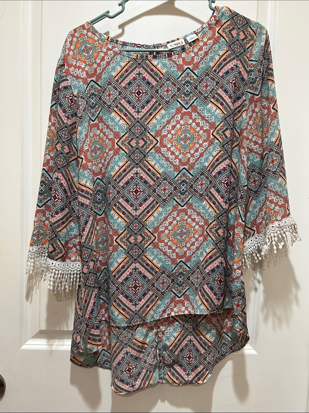 Cato Multicolor Geometric Tassel Sleeve Tunic - Teal, Rust, Pink, Cream